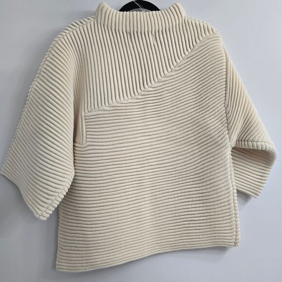 NWT Women's Cream Ribbed Sweater Wool Blend Mock Neck M Minimalist Cozy Neutral - Picture 3 of 8